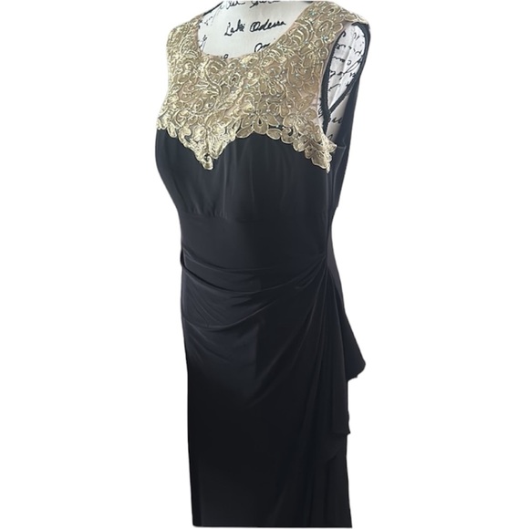 SLNY Black Gold Sleeveless Illusion Gown Front Slit Formal Dress - Picture 5 of 7